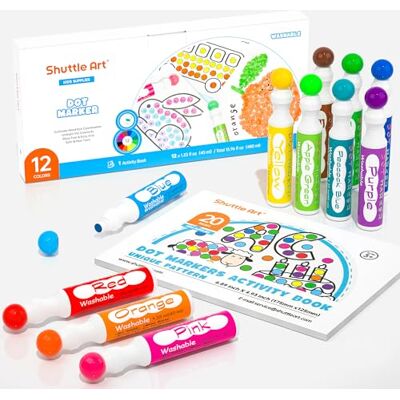 Shuttle 12 cores marcador de pontos lavável (40 ml), marcadores infantis laváveis não tóxico para criação com 1 livro de atividades de pontos, Dot Markers para educação pré-escolar Shuttle 12 cores marcador de pontos lavável (40 ml), marcadores infantis laváveis não tóxico para criação com 1 livro de atividades de pontos, Dot Markers para educação pré-escolar
