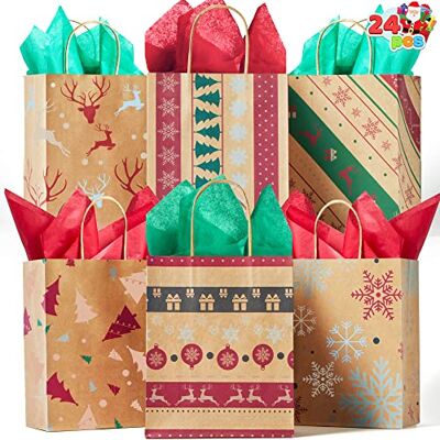 JOYIN 24 sacos de presente com 6 designs diferentes de Natal, sacos de presente, sacos de papel kraft para o Natal, pacote de presente, acessórios de festa JOYIN 24 sacos de presente com 6 designs diferentes de Natal, sacos de presente, sacos de papel kraft para o Natal, pacote de presente, acessórios de festa