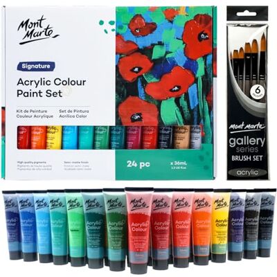 MONT MARTE Conjunto de tinta acrílica de 24 cores, 36 ml, incluindo 6 pincéis, perfeito para tela, madeira, tecido, couro, cartão, papel, MDF e trabalhos manuais MONT MARTE Conjunto de tinta acrílica de 24 cores, 36 ml, incluindo 6 pincéis, perfeito para tela, madeira, tecido, couro, cartão, papel, MDF e trabalhos manuais