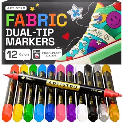 Artistro 12 marcadores de tecido de ponta dupla kit de decoração têxtil permanente para roupa marcadores sem manchas para t-shirts, bolsas, têxteis, telas e muito mais (ponta de pincel e ponta Artistro 12 marcadores de tecido de ponta dupla kit de decoração têxtil permanente para roupa marcadores sem manchas para t-shirts, bolsas, têxteis, telas e muito mais (ponta de pincel e ponta