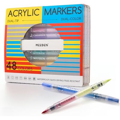 MEEDEN Marcadores de pintura acrílica de ponta dupla: 48 cores/pacote de 24 marcadores acrílicos com controlo automático de tinta para suprimentos de arte, canetas de pintura de secagem rápida MEEDEN Marcadores de pintura acrílica de ponta dupla: 48 cores/pacote de 24 marcadores acrílicos com controlo automático de tinta para suprimentos de arte, canetas de pintura de secagem rápida
