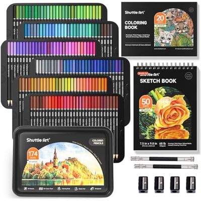 Shuttle 174 Lapices de Colores para Adultos con Libro de Colorear Bloco de desenho e capuntes, conjunto de lápis de cores profissionais para desenhar, esboçar e colorir Shuttle 174 Lapices de Colores para Adultos con Libro de Colorear Bloco de desenho e capuntes, conjunto de lápis de cores profissionais para desenhar, esboçar e colorir