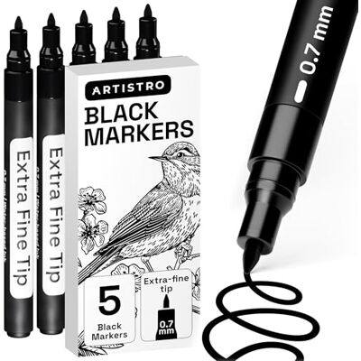 Artistro Marcadores Pretos para Pintar Pedras, Rochas, Cerâmica, Vidro, Madeira, Pneus, Tecido, Metal, Tela. Conjunto de 5 Marcadores Acrílicos Pretos com Base de Água e Ponta Extra Fina Artistro Marcadores Pretos para Pintar Pedras, Rochas, Cerâmica, Vidro, Madeira, Pneus, Tecido, Metal, Tela. Conjunto de 5 Marcadores Acrílicos Pretos com Base de Água e Ponta Extra Fina