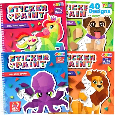 JOYIN Pacote de 4 autocolantes para crianças, livro de pintura, presente de festa, pintura por números para crianças que viajam, safári, unicórnio, cão, animais marinhos JOYIN Pacote de 4 autocolantes para crianças, livro de pintura, presente de festa, pintura por números para crianças que viajam, safári, unicórnio, cão, animais marinhos