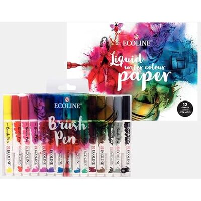 Ecoline Conjunto de pincéis e papel, 15 estojos + bloco de esboços de 24 x 32 cm, 290 g/m², pacote de poupança Ecoline Conjunto de pincéis e papel, 15 estojos + bloco de esboços de 24 x 32 cm, 290 g/m², pacote de poupança