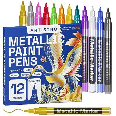 Artistro Marcadores metálicos para pintar pedras, cerâmica, vidro, madeira, tecido, seixos, scrapbook, álbuns de fotos, cartões. Conjunto de 12 marcadores metalizados com ponta extra fina de 0,7 mm Artistro Marcadores metálicos para pintar pedras, cerâmica, vidro, madeira, tecido, seixos, scrapbook, álbuns de fotos, cartões. Conjunto de 12 marcadores metalizados com ponta extra fina de 0,7 mm