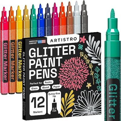 Artistro Marcadores com purpurinas para pintar pedras, cerâmica, vidro, madeira, tecido, scrapbooking, trabalhos manuais, cartões e cores. Conjunto de 12 marcadores acrílicos brilhantes com ponta extra fina de Artistro Marcadores com purpurinas para pintar pedras, cerâmica, vidro, madeira, tecido, scrapbooking, trabalhos manuais, cartões e cores. Conjunto de 12 marcadores acrílicos brilhantes com ponta extra fina de