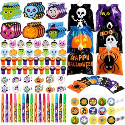 JOYIN 168 unidades 24 pacotes conjunto de papelaria artesanato e arte de Halloween, presente de truque ou tratamento para crianças, saco, blocos de botas, selos, lápis, autocolantes e tatuagens temporárias JOYIN 168 unidades 24 pacotes conjunto de papelaria artesanato e arte de Halloween, presente de truque ou tratamento para crianças, saco, blocos de botas, selos, lápis, autocolantes e tatuagens temporárias