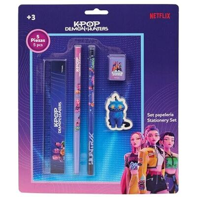 Safta Conjunto de papelaria Kpop Demon Hunters Netflix, bolha de 5 peças, 22 x 26,5 cm, inclui régua, 2 lápis, lápis e borracha, material escolar infantil +3 Safta Conjunto de papelaria Kpop Demon Hunters Netflix, bolha de 5 peças, 22 x 26,5 cm, inclui régua, 2 lápis, lápis e borracha, material escolar infantil +3