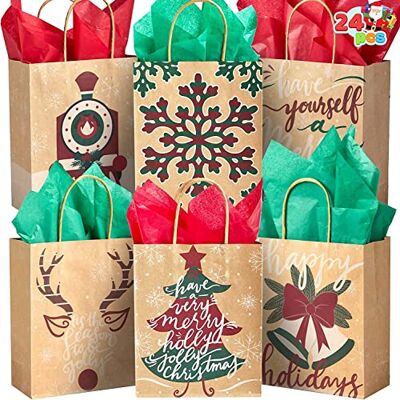 JOYIN 24 peças sacos de Natal kraft com papel de seda, motivos natalícios para presentes de festa JOYIN 24 peças sacos de Natal kraft com papel de seda, motivos natalícios para presentes de festa