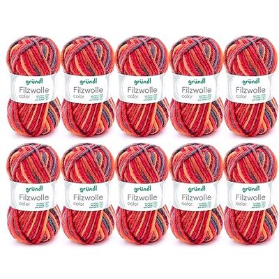 Gründl Lã de feltro, (certificado Oeko-Tex ®, 100% lã de feltro nova, 50 g / 50 m, tamanho da agulha: 8-9, 10 bolas a 50 g), vermelho-laranja preto multicolorido Gründl Lã de feltro, (certificado Oeko-Tex ®, 100% lã de feltro nova, 50 g / 50 m, tamanho da agulha: 8-9, 10 bolas a 50 g), vermelho-laranja preto multicolorido