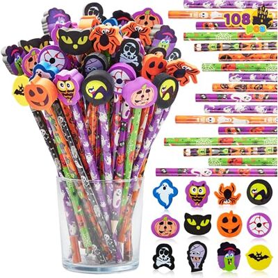 JOYIN Conjunto de papelaria de 108 lápis de Halloween com borrachas, 108 lápis de cor em 6 desenhos, 108 borrachas gigantes em 12 estilos para truque ou tratamento infantil, festa de Halloween JOYIN Conjunto de papelaria de 108 lápis de Halloween com borrachas, 108 lápis de cor em 6 desenhos, 108 borrachas gigantes em 12 estilos para truque ou tratamento infantil, festa de Halloween