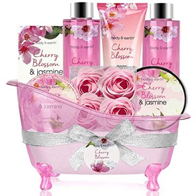 BODY & EARTH Conjunto de presentes de 8 peças para mulher, flores de cerejeira e jasmim, banho de espuma, gel de banho, sais de banho, loção corporal, presente de aniversário para mulheres, presentes Set baño con Aroma a Cerezo en Flor y Jazmín, Set SPA BODY & EARTH Conjunto de presentes de 8 peças para mulher, flores de cerejeira e jasmim, banho de espuma, gel de banho, sais de banho, loção corporal, presente de aniversário para mulheres, presentes Set baño con Aroma a Cerezo en Flor y Jazmín, Set SPA