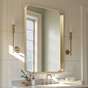 Melodieux Espelho de casa de banho dourado retangular, 60 x 90 cm, com moldura de metal, montagem na parede horizontal / vertical, ideal para casa de banho, quarto, sala de estar, entrada Melodieux Espelho de casa de banho dourado retangular, 60 x 90 cm, com moldura de metal, montagem na parede horizontal / vertical, ideal para casa de banho, quarto, sala de estar, entrada