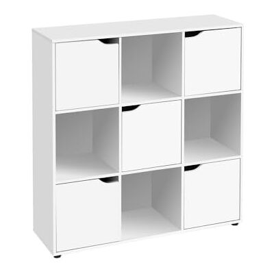 LOLAhome Estantería Cubo con 9 estantes y 5 puertas color blanco de 90x90x29 cm Mueble de almacenaje compacto de tablero laminado de 12mm con puertas y huecos abiertos para dormitorio, salón o despacho LOLAhome Estantería Cubo con 9 estantes y 5 puertas color blanco de 90x90x29 cm Mueble de almacenaje compacto de tablero laminado de 12mm con puertas y huecos abiertos para dormitorio, salón o despacho