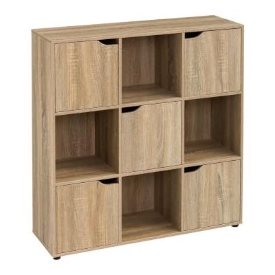 LOLAhome Estante cubo com 9 prateleiras e 5 portas cor de carvalho 90 x 90 x 29 cm Armário de armazenamento compacto de placa laminado de 12 mm com portas e espaços abertos para quarto LOLAhome Estante cubo com 9 prateleiras e 5 portas cor de carvalho 90 x 90 x 29 cm Armário de armazenamento compacto de placa laminado de 12 mm com portas e espaços abertos para quarto