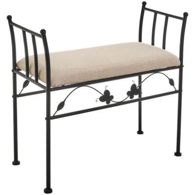 LOLAhome Banqueta para pé de cama de metal preto e assento de linho bege Banqueta para quarto ou vestiário com 68 cm de comprimento e 30 cm de largura. Altura do assento 46 cm. Altura total 64 cm LOLAhome Banqueta para pé de cama de metal preto e assento de linho bege Banqueta para quarto ou vestiário com 68 cm de comprimento e 30 cm de largura. Altura do assento 46 cm. Altura total 64 cm
