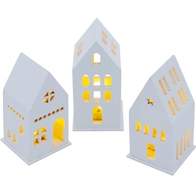 Spetebo Casa de madeira LED branca funciona a pilhas, 13 cm, conjunto de 3 unidades, decoração de cidade natalícia com iluminação em branco quente, decoração de mesa de Natal Spetebo Casa de madeira LED branca funciona a pilhas, 13 cm, conjunto de 3 unidades, decoração de cidade natalícia com iluminação em branco quente, decoração de mesa de Natal
