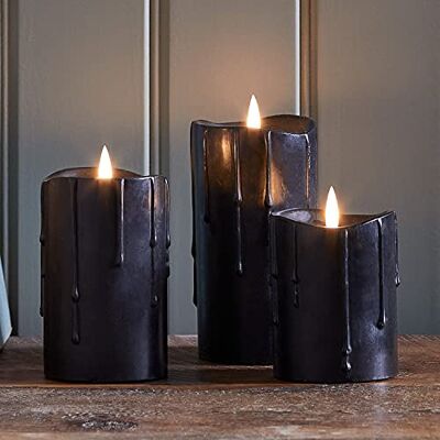 Lights4fun Conjunto de 3 velas de decoração de Halloween em cera preta TruGlow® com LED brancos quentes a pilhas Lights4fun Conjunto de 3 velas de decoração de Halloween em cera preta TruGlow® com LED brancos quentes a pilhas