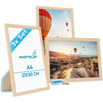 PHOTOLINI Molduras A4 21x30 cm madeira MDF natural, conjunto de 3 molduras para pósters, vidro acrílico, para pendurar e colocar em pé, inclui acessórios para fotos, láminas e pósters PHOTOLINI Molduras A4 21x30 cm madeira MDF natural, conjunto de 3 molduras para pósters, vidro acrílico, para pendurar e colocar em pé, inclui acessórios para fotos, láminas e pósters