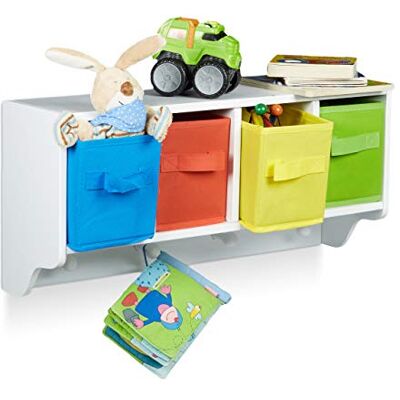 Relaxdays Prateleira infantil Albus, organizador de parede, 4 cabides, 4 cestas dobráveis, 28 x 61 x 16 cm, branco Relaxdays Prateleira infantil Albus, organizador de parede, 4 cabides, 4 cestas dobráveis, 28 x 61 x 16 cm, branco