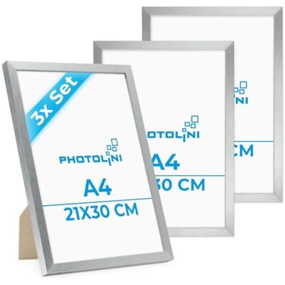 PHOTOLINI Molduras A4 21x30 cm prata madeira MDF, conjunto de 3 molduras para pósteres, vidro acrílico, para pendurar e colocar em pé, inclui acessórios para fotos, folhas e pósteres PHOTOLINI Molduras A4 21x30 cm prata madeira MDF, conjunto de 3 molduras para pósteres, vidro acrílico, para pendurar e colocar em pé, inclui acessórios para fotos, folhas e pósteres