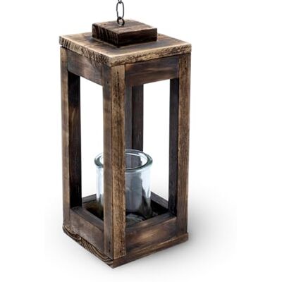 Spetebo Lanterna pendente de madeira com corrente de metal, 31 cm, suporte para velas decorativas, com frasco de vela, candeeiro de mesa decorativo para pendurar, lanternas Spetebo Lanterna pendente de madeira com corrente de metal, 31 cm, suporte para velas decorativas, com frasco de vela, candeeiro de mesa decorativo para pendurar, lanternas