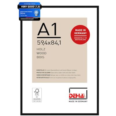 DEHA Design moldura de fotografias, 59,4 x 84,1 cm (A1), Madeira, Preto, Moldura para póster para pendurar em formato vertical e horizontal, vidro sintético inquebrável, Fontana DEHA Design moldura de fotografias, 59,4 x 84,1 cm (A1), Madeira, Preto, Moldura para póster para pendurar em formato vertical e horizontal, vidro sintético inquebrável, Fontana