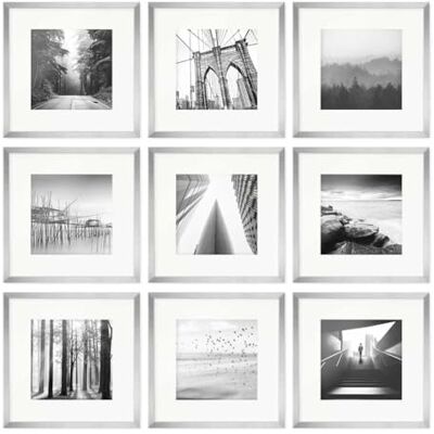 PHOTOLINI Molduras 30 x 30 cm prata madeira MDF, conjunto de 9 molduras para cartazes com paspartú 20 x 20 cm, vidro acrílico, para pendurar e pôr-do-pé, inclui acessórios para fotos, folhas e PHOTOLINI Molduras 30 x 30 cm prata madeira MDF, conjunto de 9 molduras para cartazes com paspartú 20 x 20 cm, vidro acrílico, para pendurar e pôr-do-pé, inclui acessórios para fotos, folhas e