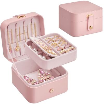 SONGMICS Caixa de Joias de Viagem, Caixa de Joias Pequena, 2 Níveis, Porta-Joias Portátil, para Acessórios Grandes, 11,2 x 11,8 x 7,2 cm, Ideia de Presente, Rosa Geléia SONGMICS Caixa de Joias de Viagem, Caixa de Joias Pequena, 2 Níveis, Porta-Joias Portátil, para Acessórios Grandes, 11,2 x 11,8 x 7,2 cm, Ideia de Presente, Rosa Geléia