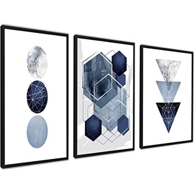Pacote de 3 lâminas decorativas 50 x 70 cm sem moldura Azul e prata, decoração de parede, madeira MDF resistente, para sala de estar e quarto, design moderno, vidro protetor Pacote de 3 lâminas decorativas 50 x 70 cm sem moldura Azul e prata, decoração de parede, madeira MDF resistente, para sala de estar e quarto, design moderno, vidro protetor