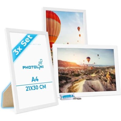 PHOTOLINI Molduras A4 21x30 cm branco madeira MDF, conjunto de 3 molduras para pósteres, vidro acrílico, para pendurar e colocar em pé, inclui acessórios para fotos, lâminas e pósteres PHOTOLINI Molduras A4 21x30 cm branco madeira MDF, conjunto de 3 molduras para pósteres, vidro acrílico, para pendurar e colocar em pé, inclui acessórios para fotos, lâminas e pósteres