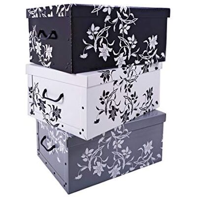 Spetebo Conjunto de 3 caixas de armazenamento , 3 cores (branco, preto e cinza), 45 l cada, estilo floral barroco Spetebo Conjunto de 3 caixas de armazenamento , 3 cores (branco, preto e cinza), 45 l cada, estilo floral barroco