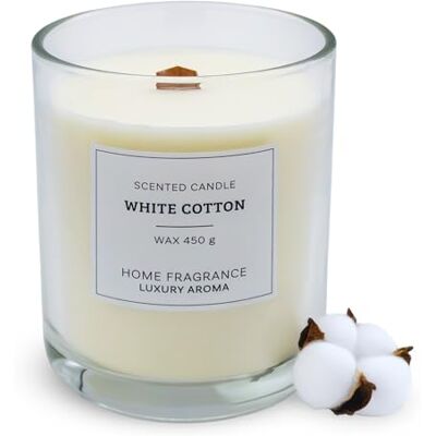Spetebo Vela aromática XL em frasco de vidro, 13 x 10 cm, aroma de algodão branco Pavio de madeira, 1200 g de cera, 50 horas de combustão, vela aromática perfumada de algodão Spetebo Vela aromática XL em frasco de vidro, 13 x 10 cm, aroma de algodão branco Pavio de madeira, 1200 g de cera, 50 horas de combustão, vela aromática perfumada de algodão