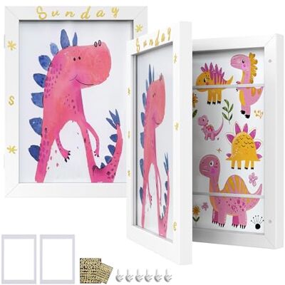 SONGMICS Moldura de fotos para crianças, A4, para 150 desenhos, vidro 22 x 28 cm, 25,5 x 4,5 x 34,5 cm, com tapete, autocolantes, pregos, branco-mate, coleção KAVI RPF052W02 SONGMICS Moldura de fotos para crianças, A4, para 150 desenhos, vidro 22 x 28 cm, 25,5 x 4,5 x 34,5 cm, com tapete, autocolantes, pregos, branco-mate, coleção KAVI RPF052W02