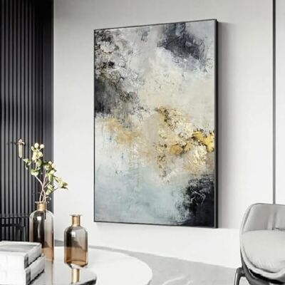 Pinturas artísticas de parede folha dourada nuvem mar pintura tela abstrata branca e preta arte de parede para decoração de casa cartazes e impressões 50 x 70 cm (20 x 28 polegadas) com moldura Pinturas artísticas de parede folha dourada nuvem mar pintura tela abstrata branca e preta arte de parede para decoração de casa cartazes e impressões 50 x 70 cm (20 x 28 polegadas) com moldura