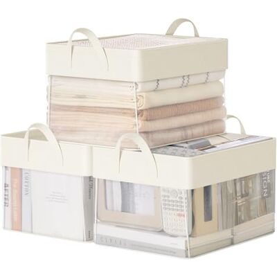 SONGMICS Conjunto de 3 Caixas de Armazenamento, Cesta Média, Caixas Organizadoras de Tecido, Dobrável, Rede de Nylon Transparente, 40 x 30 x 25 cm, Alças, para Quarto, Sala, Branco Creme RFB940W01 Cajas Organizadoras, Red de Nylon Transparente, Asas, pa SONGMICS Conjunto de 3 Caixas de Armazenamento, Cesta Média, Caixas Organizadoras de Tecido, Dobrável, Rede de Nylon Transparente, 40 x 30 x 25 cm, Alças, para Quarto, Sala, Branco Creme RFB940W01 Cajas Organizadoras, Red de Nylon Transparente, Asas, pa