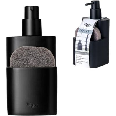 VIGAR Dispensador de sabão de cozinha e esponja 8,3 x 9,3 x 17,7 cm, Pocket, doseador de sabão com bolso para estropajo para esfregar pratos preto VIGAR Dispensador de sabão de cozinha e esponja 8,3 x 9,3 x 17,7 cm, Pocket, doseador de sabão com bolso para estropajo para esfregar pratos preto
