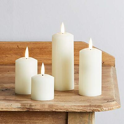 Lights4fun TruGlow® Conjunto de 4 velas sem chama LED branco quente a pilhas em cera real de marfim com temporizador decoração para interiores Lights4fun TruGlow® Conjunto de 4 velas sem chama LED branco quente a pilhas em cera real de marfim com temporizador decoração para interiores