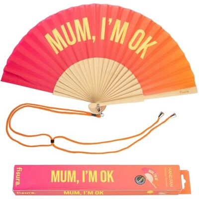 Fisura Ventilador original com mensagem "mum, I'm ok". Fã de madeira moderno e engraçado. Leque rosa degradado. Leque com pendurar leque. 42,5 x 23 cm. Fisura Ventilador original com mensagem "mum, I'm ok". Fã de madeira moderno e engraçado. Leque rosa degradado. Leque com pendurar leque. 42,5 x 23 cm.