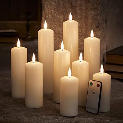 Lights4fun TruGlow® Conjunto de 9 velas sem chama LED branco quente a pilhas em cera real de marfim com temporizador e telecomando decoração para interiores Lights4fun TruGlow® Conjunto de 9 velas sem chama LED branco quente a pilhas em cera real de marfim com temporizador e telecomando decoração para interiores