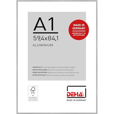 DEHA Design Moldura para fotos, 59,4 x 84,1 cm (A1), alumínio, prata mate, moldura para póster para pendurar em formato vertical e paisagem, vidro sintético inquebrável, Tribeca DEHA Design Moldura para fotos, 59,4 x 84,1 cm (A1), alumínio, prata mate, moldura para póster para pendurar em formato vertical e paisagem, vidro sintético inquebrável, Tribeca