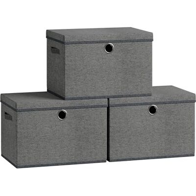SONGMICS Caixas de armazenamento, com tampa, conjunto de 3, organizador de 43 x 30 x 30 cm, painéis interiores de PP para casa de banho, dobráveis e empilháveis, alças, cinzento ardósia SONGMICS Caixas de armazenamento, com tampa, conjunto de 3, organizador de 43 x 30 x 30 cm, painéis interiores de PP para casa de banho, dobráveis e empilháveis, alças, cinzento ardósia