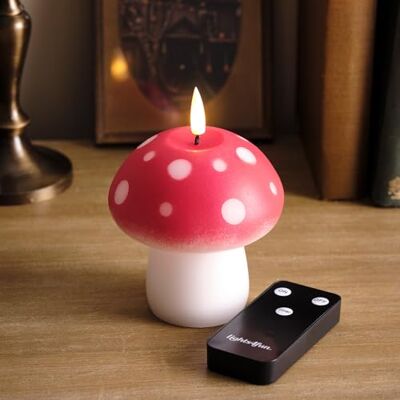 Lights4fun TruGlow® Vela LED em forma de cogumelo com chama cintilante em cera real a pilhas com temporizador e controlo remoto, decoração interior de outono Lights4fun TruGlow® Vela LED em forma de cogumelo com chama cintilante em cera real a pilhas com temporizador e controlo remoto, decoração interior de outono