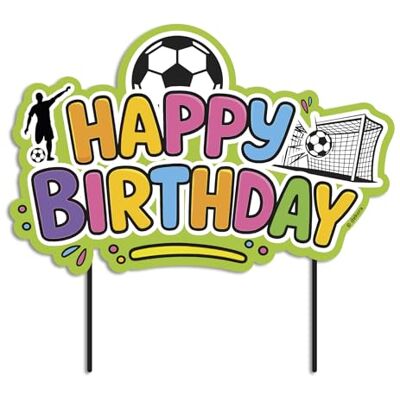 dekora , Cake Topper de futebol "Happy Birthday", decoração temática para bolo de aniversário, adequada para contacto com alimentos, papel e plástico para decorar bolos, medidas 17,5 x 13 cm dekora , Cake Topper de futebol "Happy Birthday", decoração temática para bolo de aniversário, adequada para contacto com alimentos, papel e plástico para decorar bolos, medidas 17,5 x 13 cm