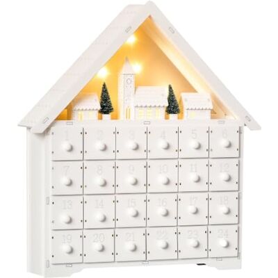 HOMCOM Calendário de advento de Natal de madeira com 24 gavetas branco de Natal, luzes LED, decoração natalícia, modelo de casa, 39 x 9 x 42 cm HOMCOM Calendário de advento de Natal de madeira com 24 gavetas branco de Natal, luzes LED, decoração natalícia, modelo de casa, 39 x 9 x 42 cm