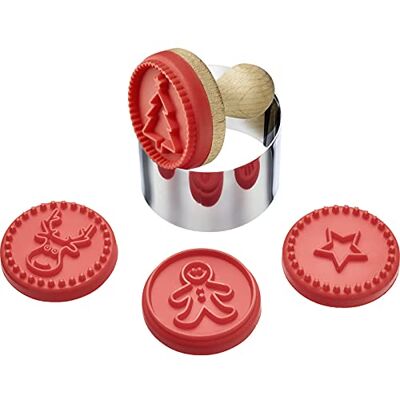 Westmark Conjunto de carimbos para bolachas/moldes de corte, 6 peças com 4 motivos de Natal, Ø aprox. 5 cm, aço inoxidável/madeira/silicone, prateado/castanho claro/vermelho, Westmark Conjunto de carimbos para bolachas/moldes de corte, 6 peças com 4 motivos de Natal, Ø aprox. 5 cm, aço inoxidável/madeira/silicone, prateado/castanho claro/vermelho,