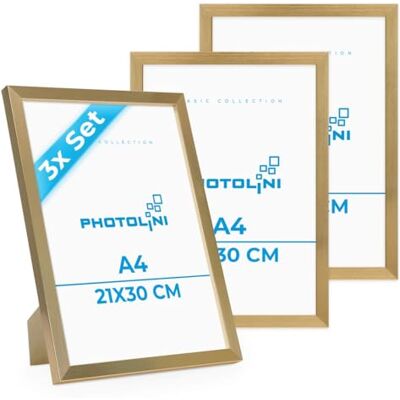 PHOTOLINI Molduras A4 21x30 cm ouro madeira MDF, conjunto de 3 molduras para pósteres, vidro acrílico, para pendurar e colocar em pé, inclui acessórios para fotos, folhas e pósteres PHOTOLINI Molduras A4 21x30 cm ouro madeira MDF, conjunto de 3 molduras para pósteres, vidro acrílico, para pendurar e colocar em pé, inclui acessórios para fotos, folhas e pósteres