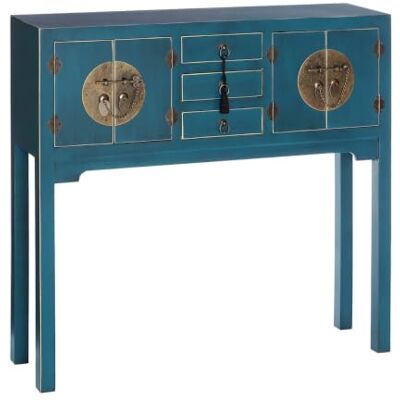 LOLAhome Consola oriental de madeira azul com 3 gavetas e 4 portas de 90 x 95 x 26 Design rústico artesanal com fechos de íman. Decore a sala de estar ou proporcionando personalidade e muito armazenamento. LOLAhome Consola oriental de madeira azul com 3 gavetas e 4 portas de 90 x 95 x 26 Design rústico artesanal com fechos de íman. Decore a sala de estar ou proporcionando personalidade e muito armazenamento.