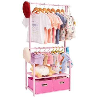 YORBAY Cabide bambu infantil prateleira: 2 barras ajustáveis (rosa) 2 cestas de armazenamento para disfarces cabide infantil para quarto das crianças e sala de jogos YORBAY Cabide bambu infantil prateleira: 2 barras ajustáveis (rosa) 2 cestas de armazenamento para disfarces cabide infantil para quarto das crianças e sala de jogos